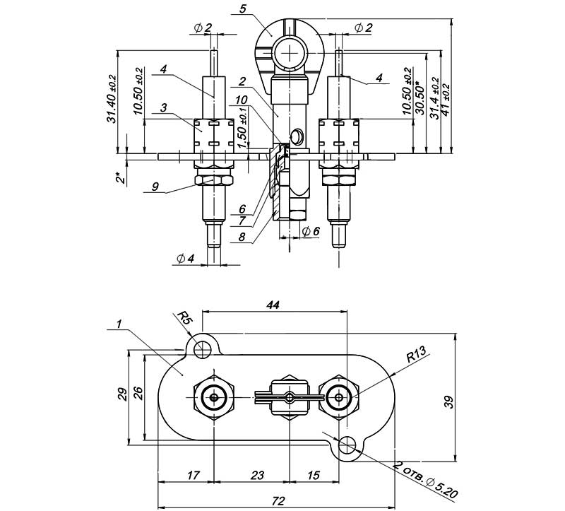 Рис.1. Чертеж пилотной горелки ЗГ-Д-ОВ серия 1443-442